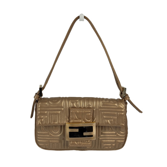 Fendi Handbags - Fendi Metallic Gold Nappa Embossed Logo Leather Mini Baguette Pochette Bag